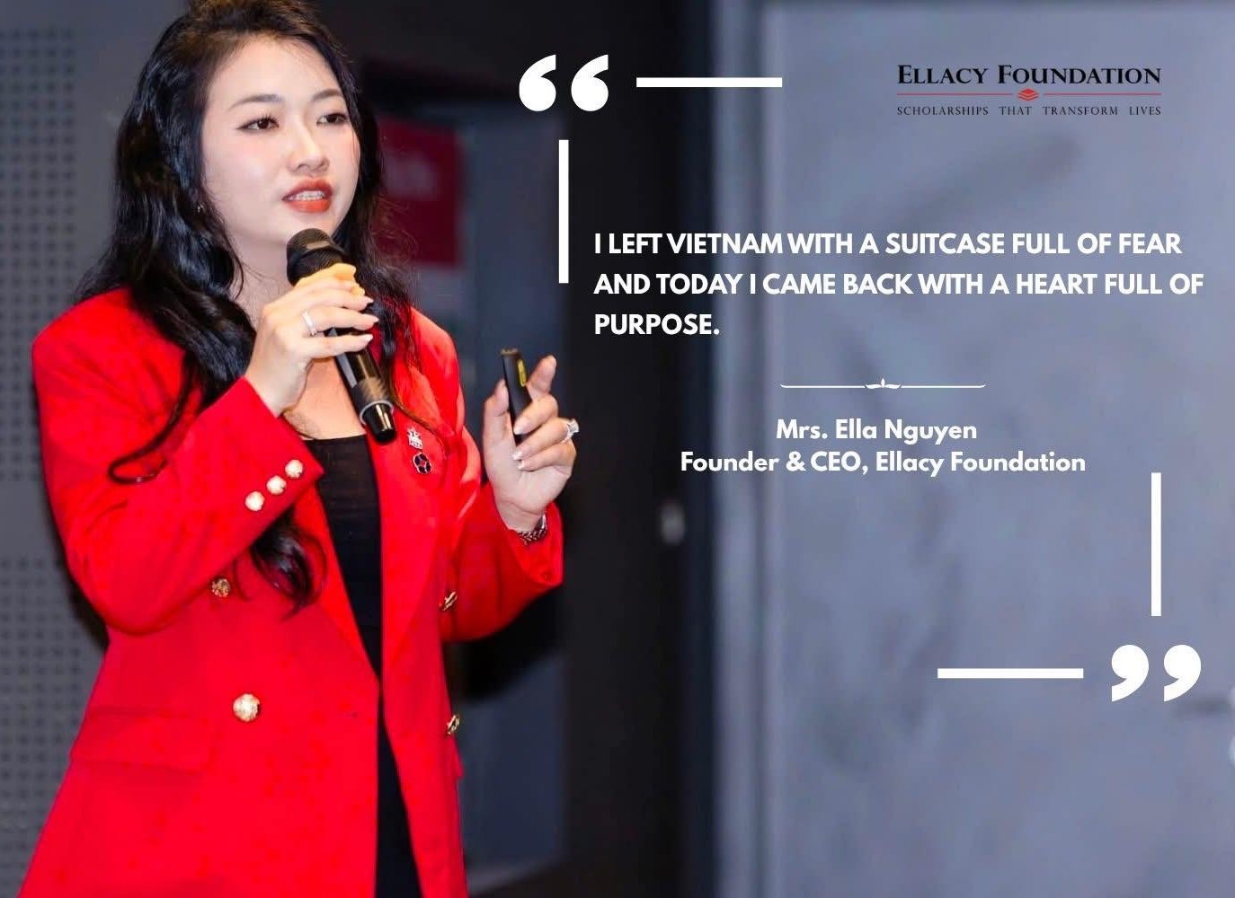 Ms. Ella Nguyen speaking on stage at a keynote event